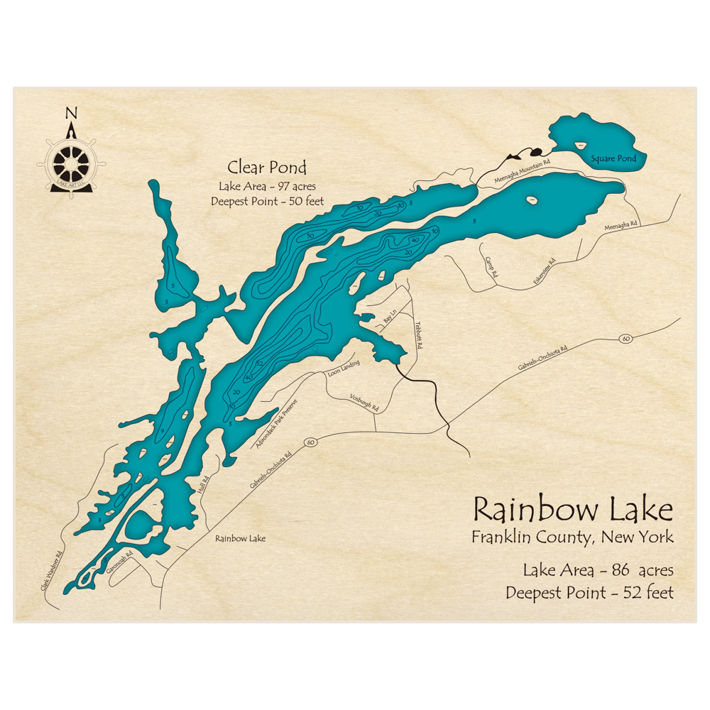 Bathymetric topo map of Rainbow Lake with roads, towns and depths noted in blue water