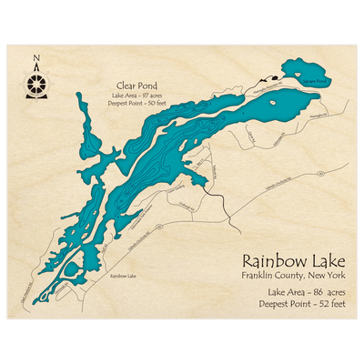 Bathymetric topo map of Rainbow Lake with roads, towns and depths noted in blue water