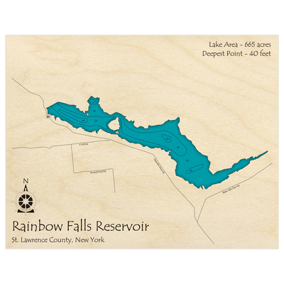 Bathymetric topo map of Rainbow Falls Reservoir with roads, towns and depths noted in blue water