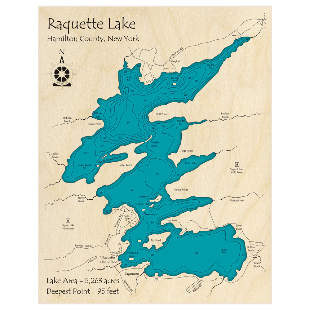 Bathymetric topo map of Raquette Lake with roads, towns and depths noted in blue water