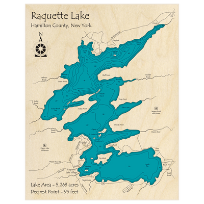 Bathymetric topo map of Raquette Lake with roads, towns and depths noted in blue water