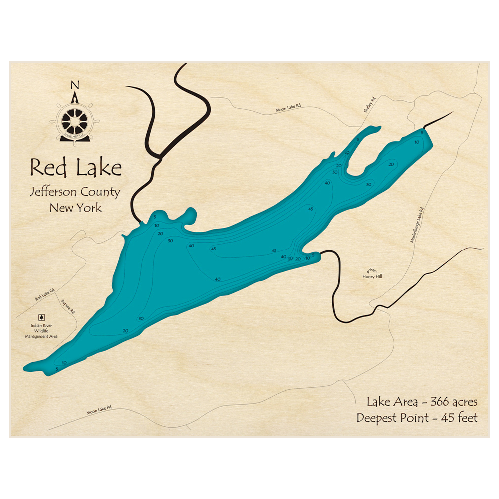 Bathymetric topo map of Red Lake with roads, towns and depths noted in blue water