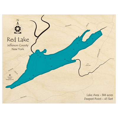 Bathymetric topo map of Red Lake with roads, towns and depths noted in blue water