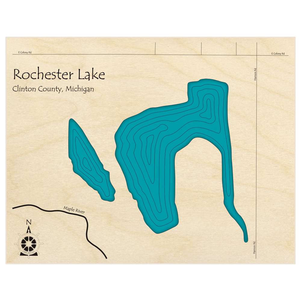 Bathymetric topo map of Rochester Lake  with roads, towns and depths noted in blue water