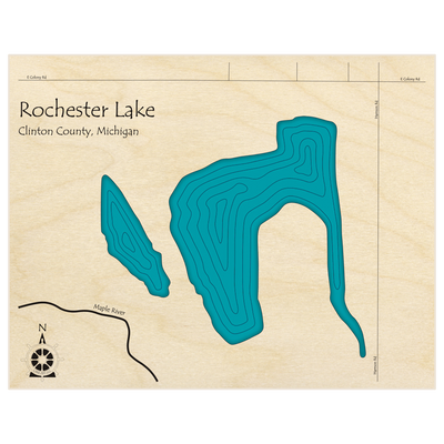 Bathymetric topo map of Rochester Lake  with roads, towns and depths noted in blue water