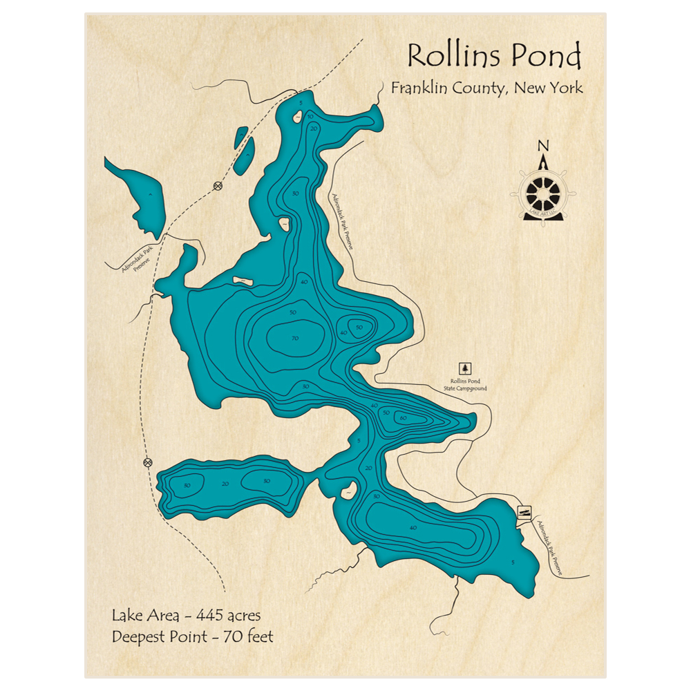 Bathymetric topo map of Rollins Pond with roads, towns and depths noted in blue water