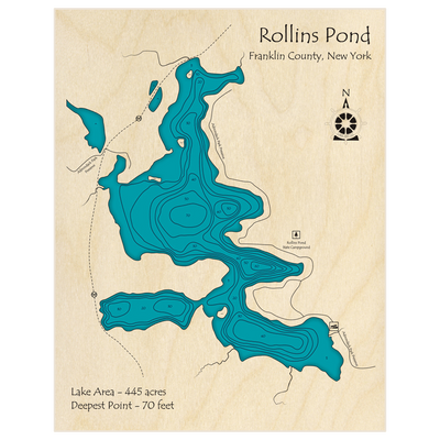 Bathymetric topo map of Rollins Pond with roads, towns and depths noted in blue water