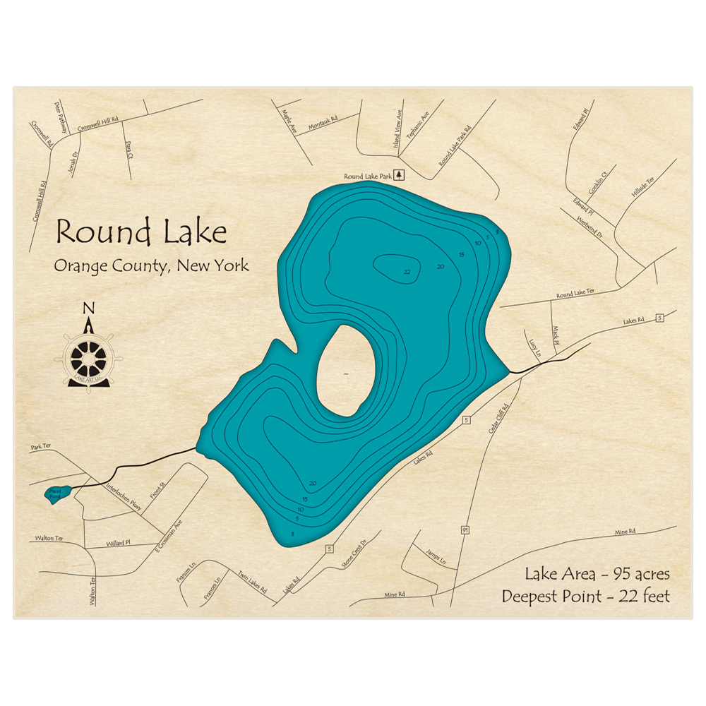 Bathymetric topo map of Round Lake with roads, towns and depths noted in blue water