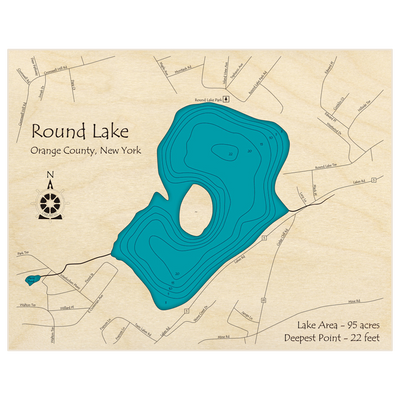 Bathymetric topo map of Round Lake with roads, towns and depths noted in blue water