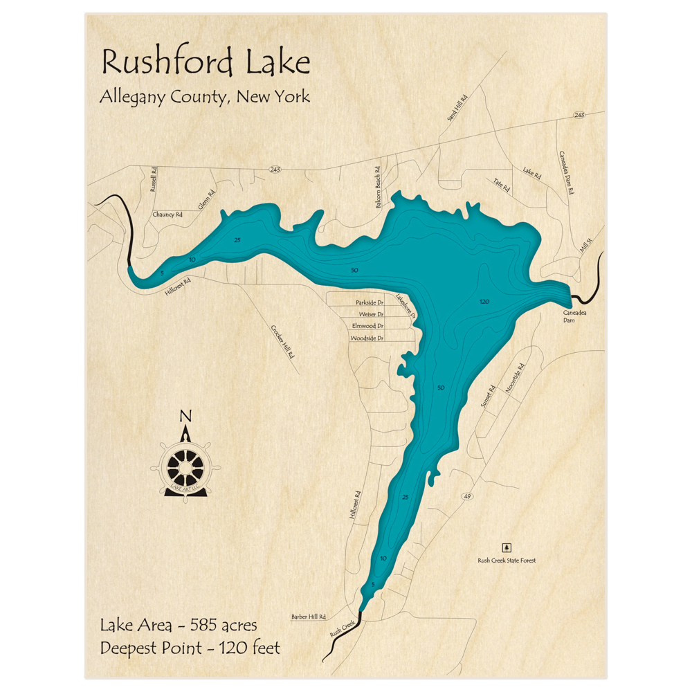 Bathymetric topo map of Rushford Lake with roads, towns and depths noted in blue water