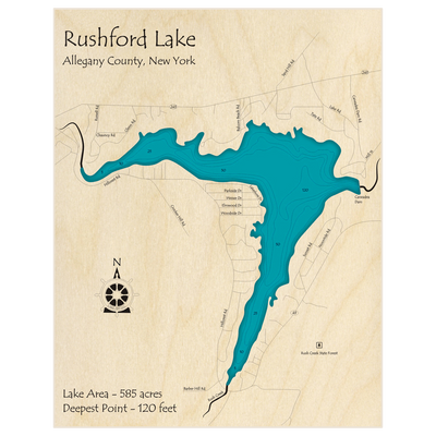 Bathymetric topo map of Rushford Lake with roads, towns and depths noted in blue water