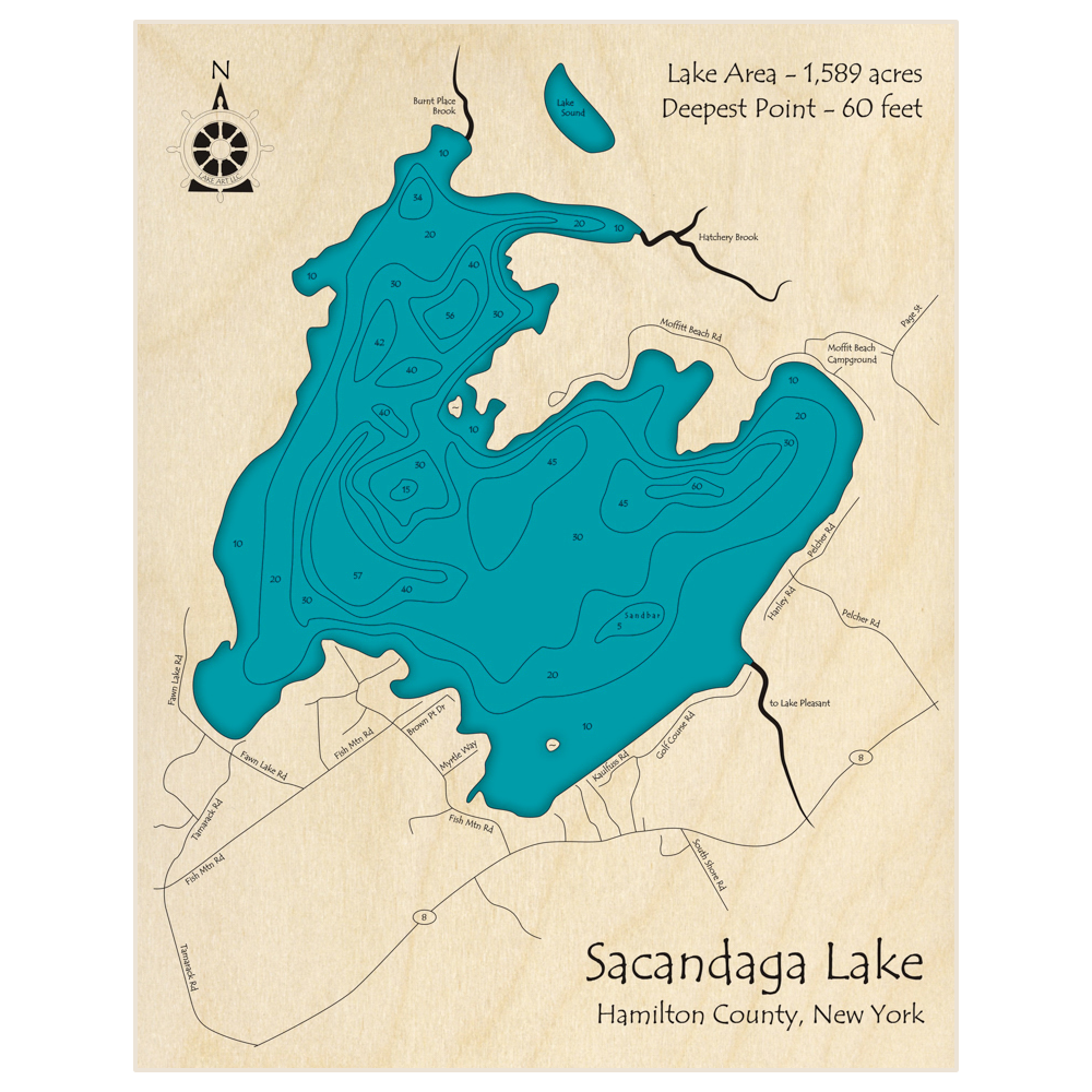 Bathymetric topo map of Sacandaga Lake with roads, towns and depths noted in blue water