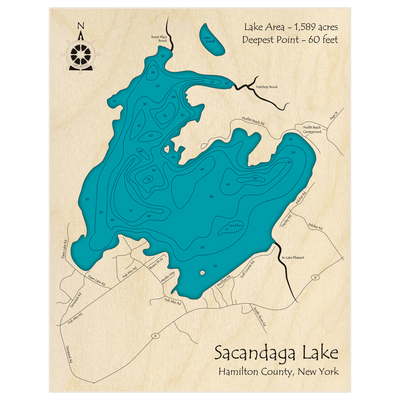 Bathymetric topo map of Sacandaga Lake with roads, towns and depths noted in blue water