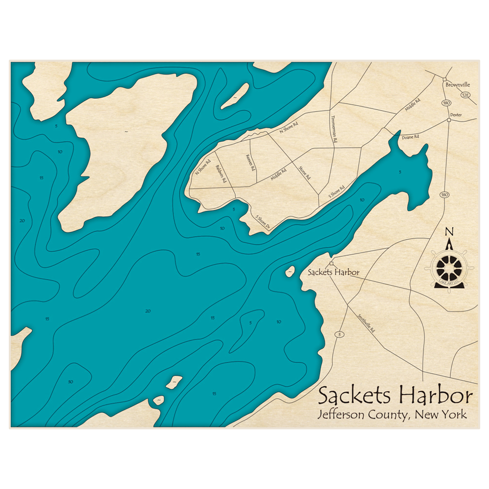 Bathymetric topo map of Sackets Harbor with roads, towns and depths noted in blue water