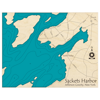 Bathymetric topo map of Sackets Harbor with roads, towns and depths noted in blue water