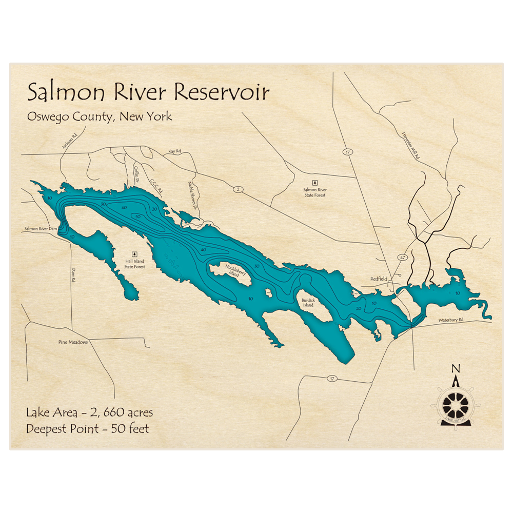 Bathymetric topo map of Salmon River Reservoir with roads, towns and depths noted in blue water