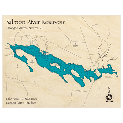 Bathymetric topo map of Salmon River Reservoir with roads, towns and depths noted in blue water