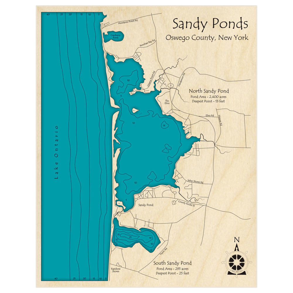 Bathymetric topo map of Sandy Ponds (North and South Ponds) with roads, towns and depths noted in blue water