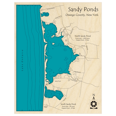 Bathymetric topo map of Sandy Ponds (North and South Ponds) with roads, towns and depths noted in blue water