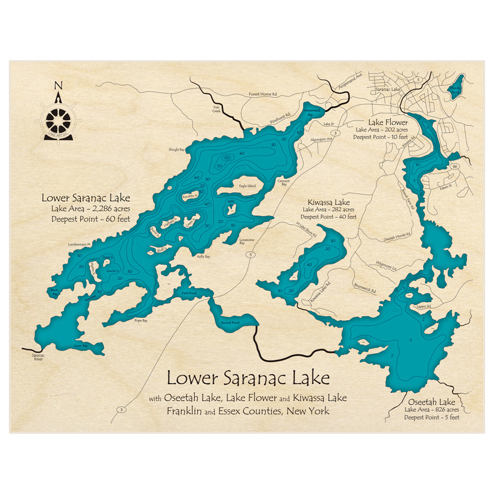 Bathymetric topo map of Saranac Lake (Lower with Oseetah/Flower) with roads, towns and depths noted in blue water