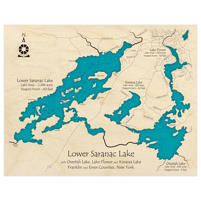 Bathymetric topo map of Saranac Lake (Lower with Oseetah/Flower) with roads, towns and depths noted in blue water