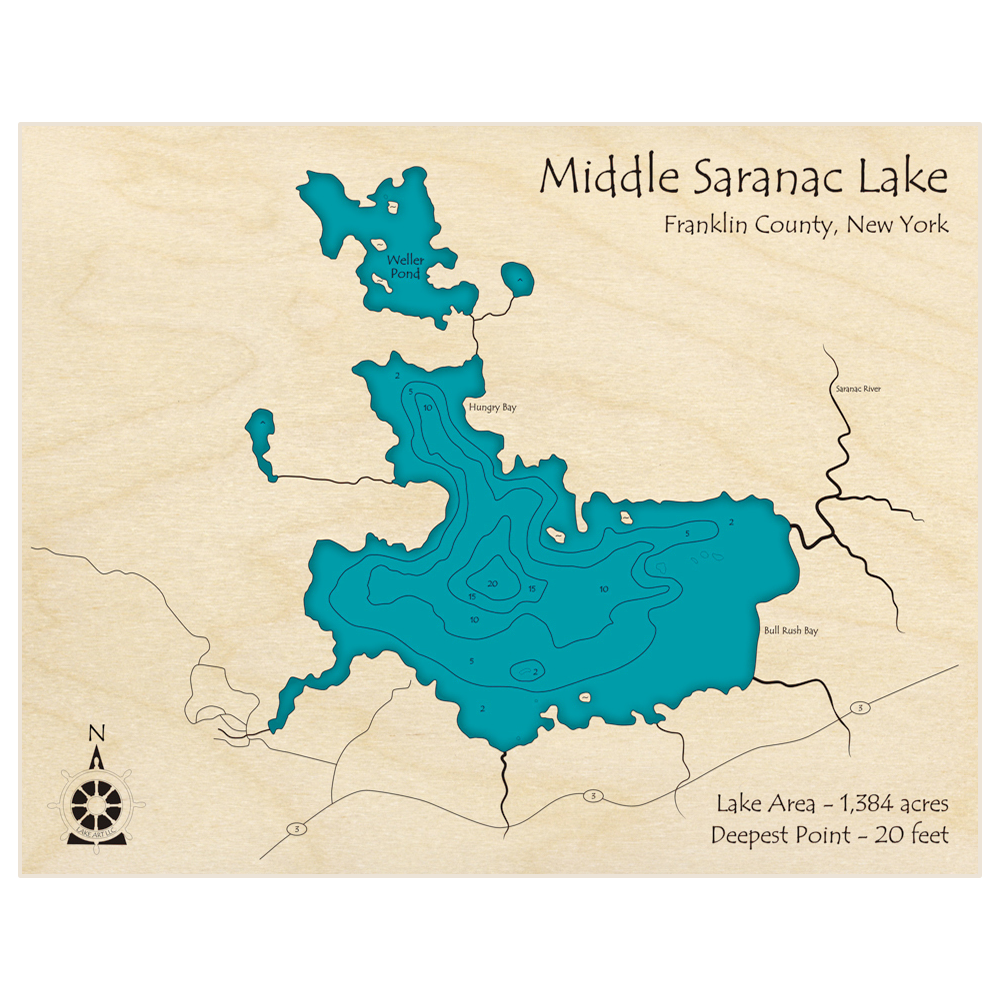 Bathymetric topo map of Saranac Lake (Middle) with roads, towns and depths noted in blue water