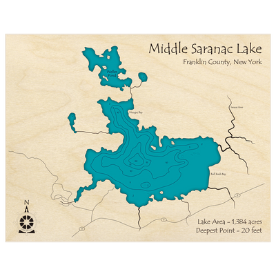 Bathymetric topo map of Saranac Lake (Middle) with roads, towns and depths noted in blue water