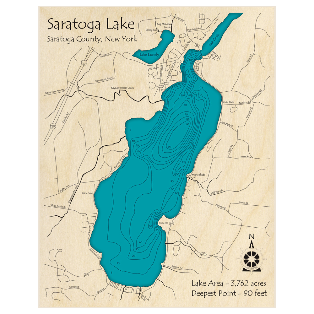 Bathymetric topo map of Saratoga Lake with roads, towns and depths noted in blue water