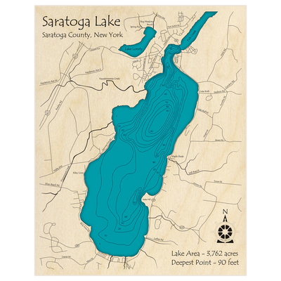 Bathymetric topo map of Saratoga Lake with roads, towns and depths noted in blue water