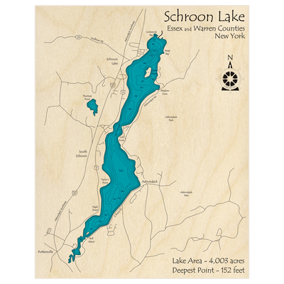 Bathymetric topo map of Schroon Lake with roads, towns and depths noted in blue water