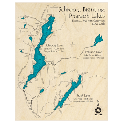 Bathymetric topo map of Schroon Brant Pharaoh Lakes with roads, towns and depths noted in blue water