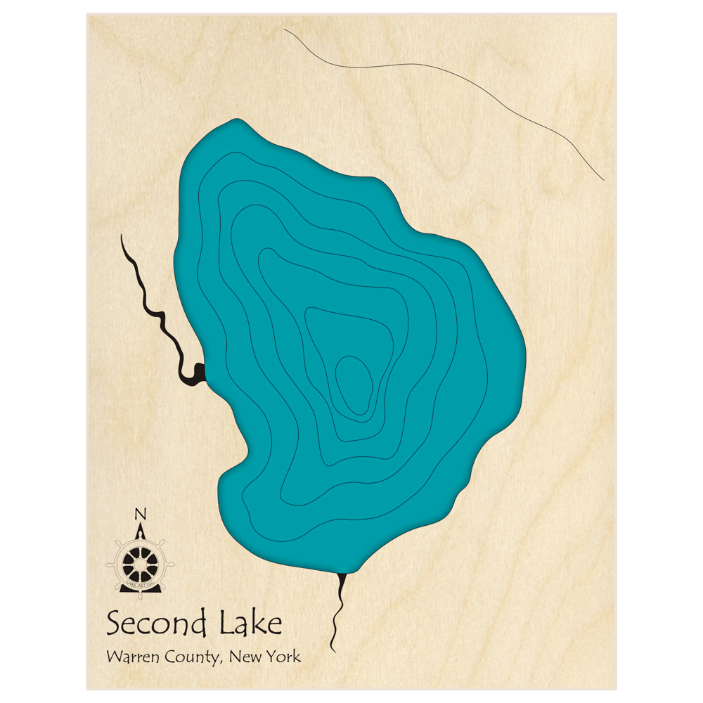 Bathymetric topo map of Second Lake  with roads, towns and depths noted in blue water