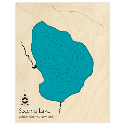 Bathymetric topo map of Second Lake  with roads, towns and depths noted in blue water