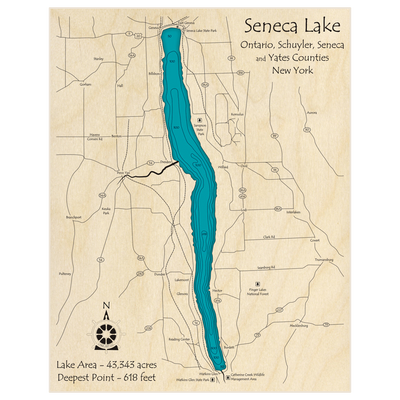 Bathymetric topo map of Seneca Lake with roads, towns and depths noted in blue water