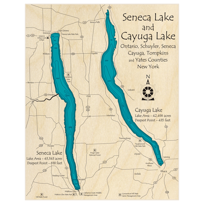 Bathymetric topo map of Seneca Lake (With Cayuga Lake) with roads, towns and depths noted in blue water