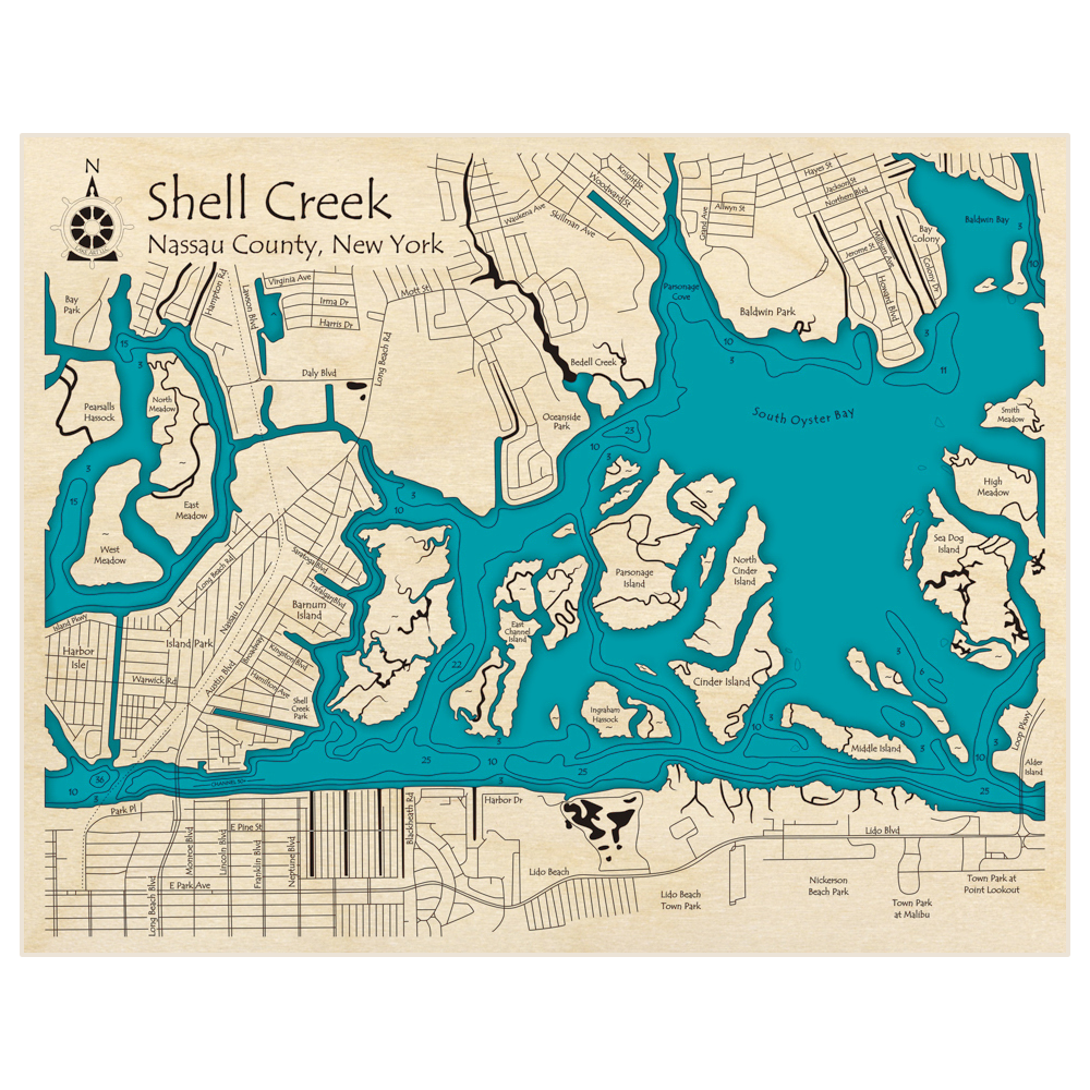 Bathymetric topo map of Shell Creek with roads, towns and depths noted in blue water