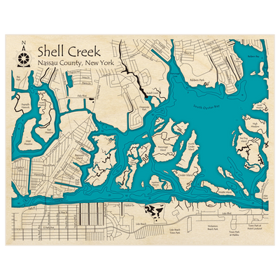 Bathymetric topo map of Shell Creek with roads, towns and depths noted in blue water