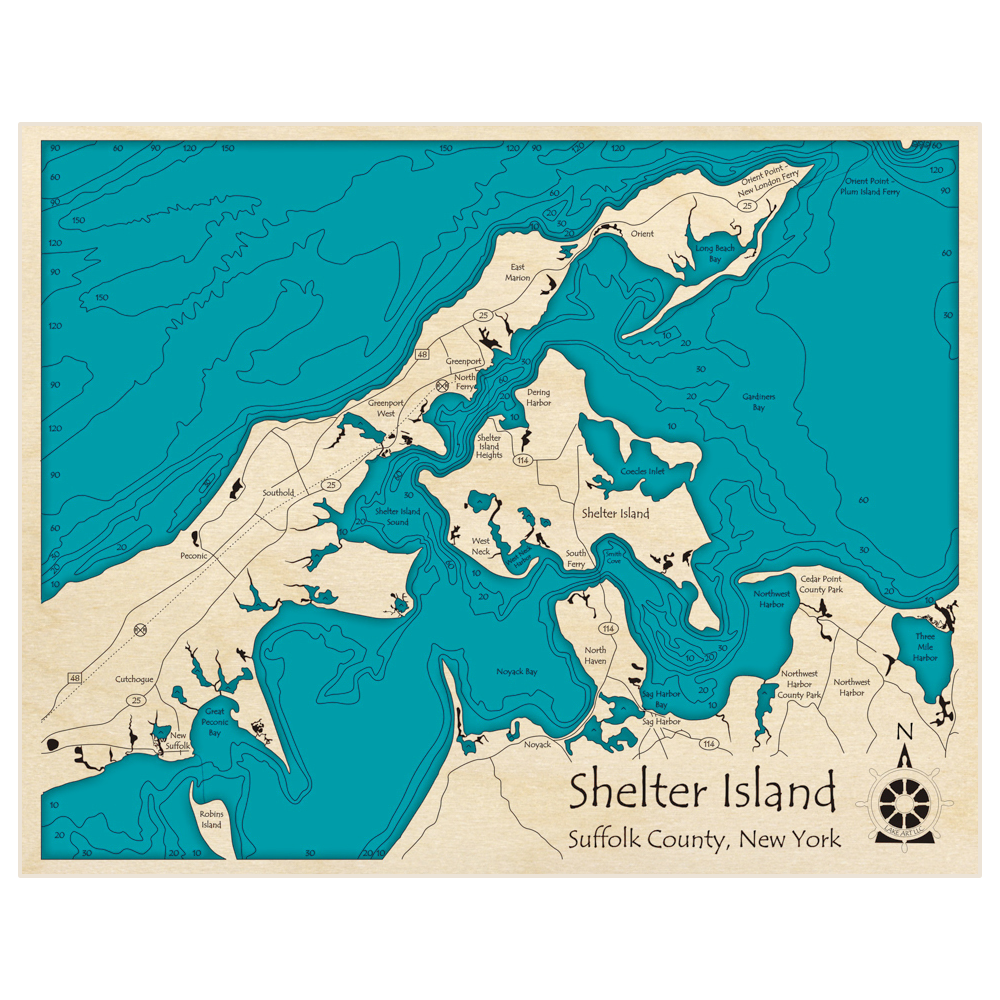 Bathymetric topo map of Shelter Island with roads, towns and depths noted in blue water