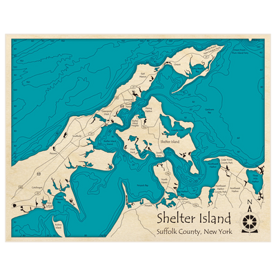 Bathymetric topo map of Shelter Island with roads, towns and depths noted in blue water