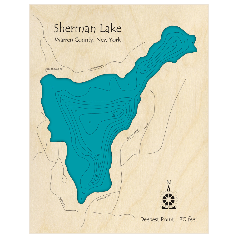 Bathymetric topo map of Sherman Lake with roads, towns and depths noted in blue water