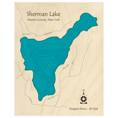 Bathymetric topo map of Sherman Lake with roads, towns and depths noted in blue water