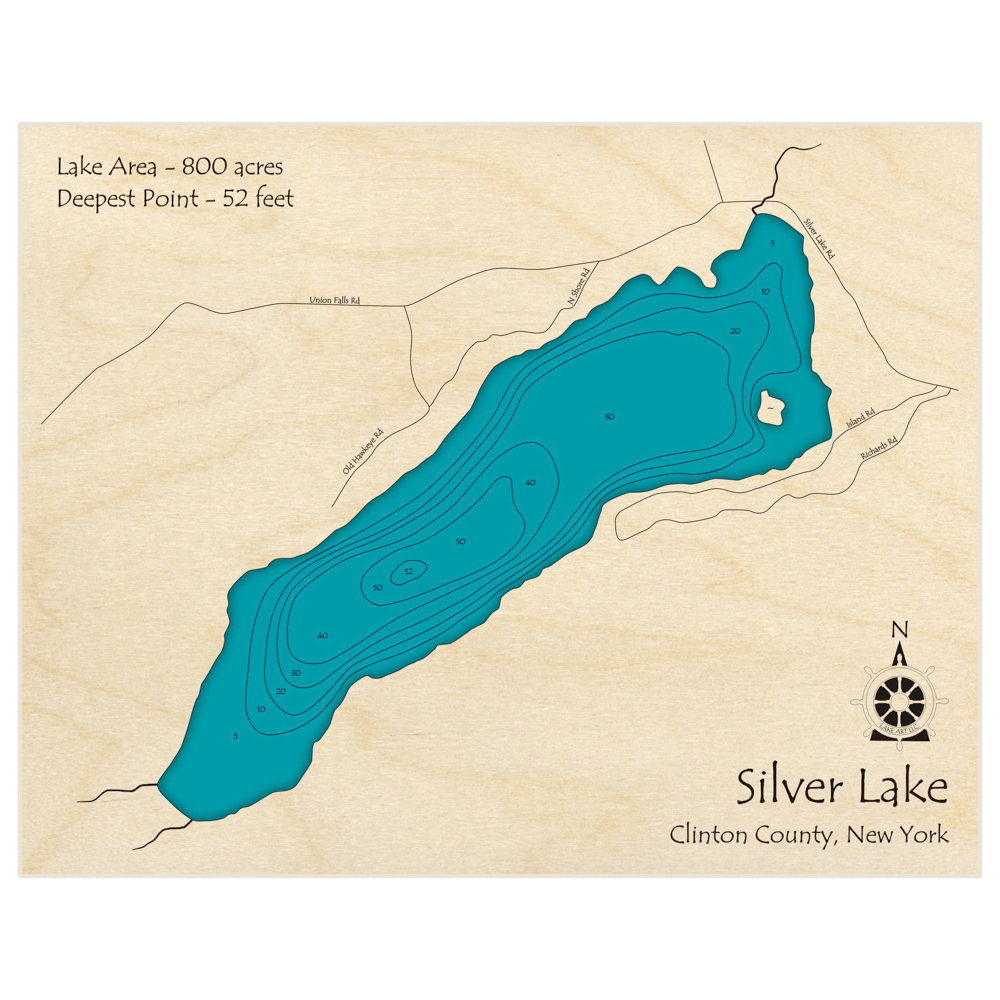 Bathymetric topo map of Silver Lake with roads, towns and depths noted in blue water