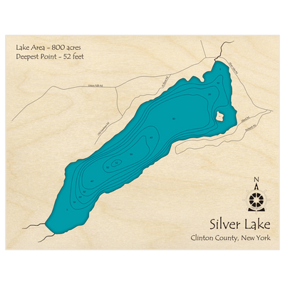 Bathymetric topo map of Silver Lake with roads, towns and depths noted in blue water