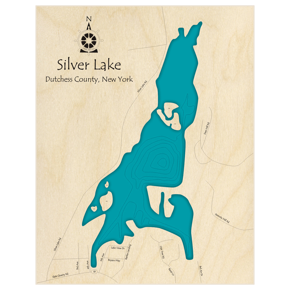 Bathymetric topo map of Silver Lake  with roads, towns and depths noted in blue water