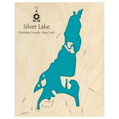 Bathymetric topo map of Silver Lake  with roads, towns and depths noted in blue water