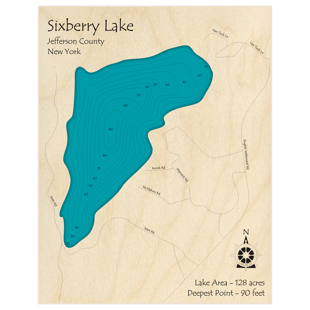 Bathymetric topo map of Sixberry Lake with roads, towns and depths noted in blue water