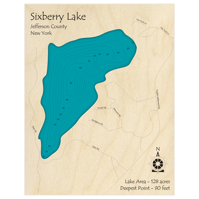 Bathymetric topo map of Sixberry Lake with roads, towns and depths noted in blue water