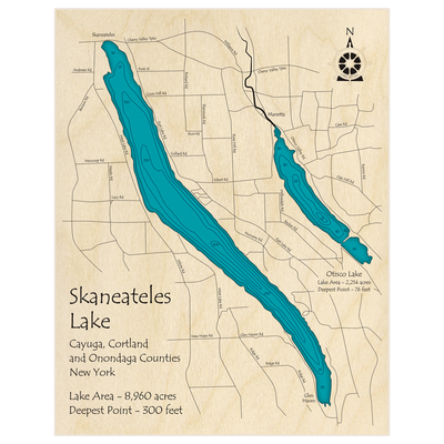 Bathymetric topo map of Skaneateles Lake (with Otisco) with roads, towns and depths noted in blue water