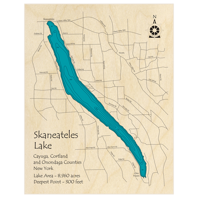 Bathymetric topo map of Skaneateles Lake (with Otisco) with roads, towns and depths noted in blue water