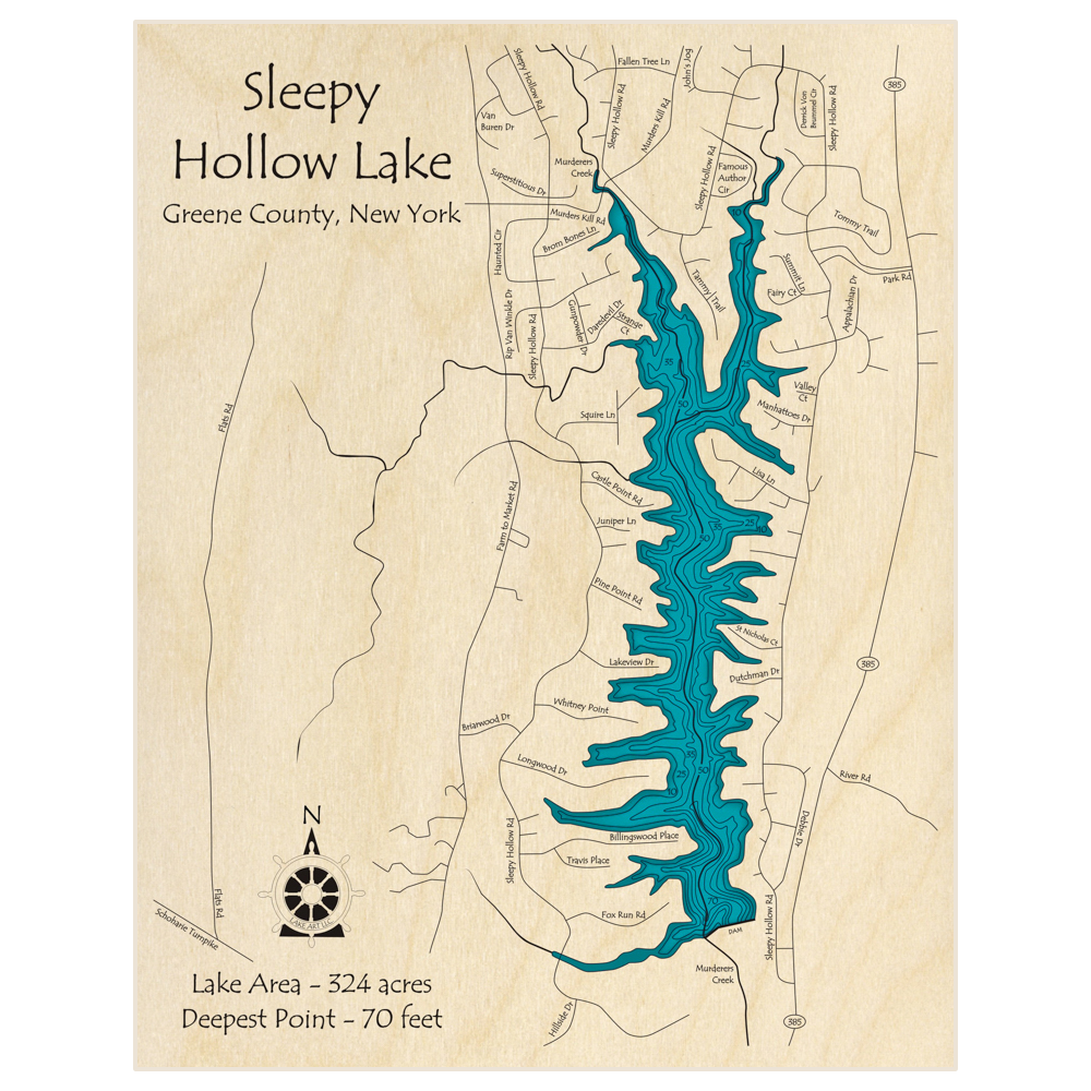 Bathymetric topo map of Sleepy Hollow Lake with roads, towns and depths noted in blue water